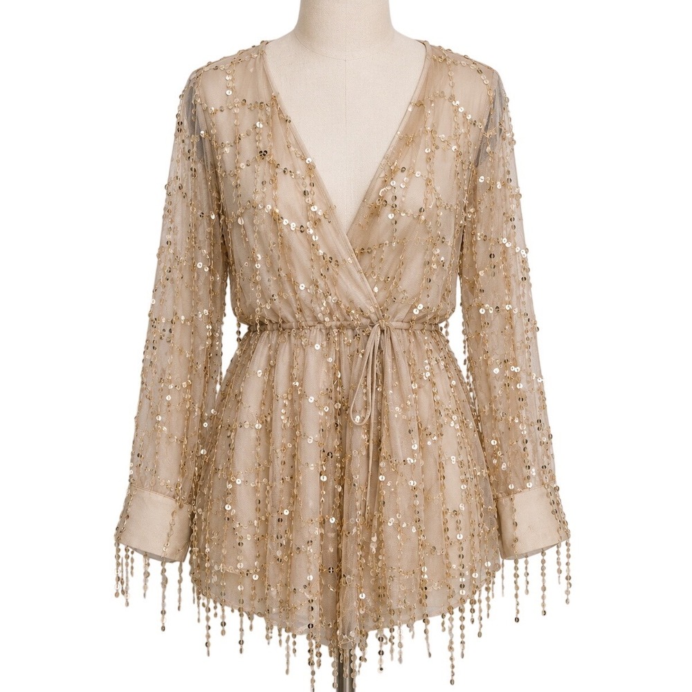 Xtaren Gold Sequin Mesh Romper Long Sleeve V-Neck Fringe Nude Party Festival M